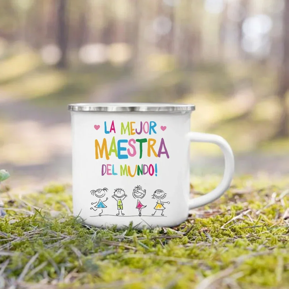Drinks Enamel Cup Creative Coffee Cups Best Teacher in The World Spanish Printed Mug Vintage Handle Drinkware Gifts for Teacher - view 5