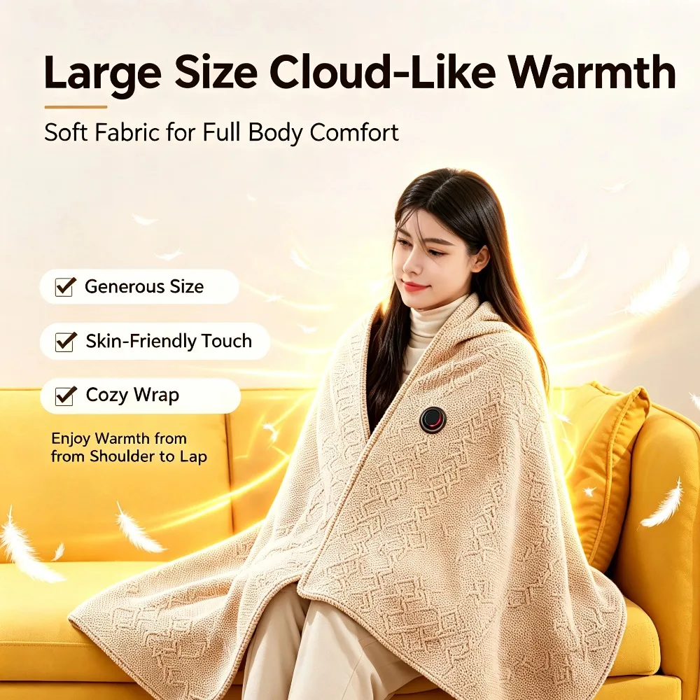 Heated Blanket USB Wearable Electric Blanket Portable Warmer Blanket for Shoulder Electric Heating Shawl with 3 Tem Setting