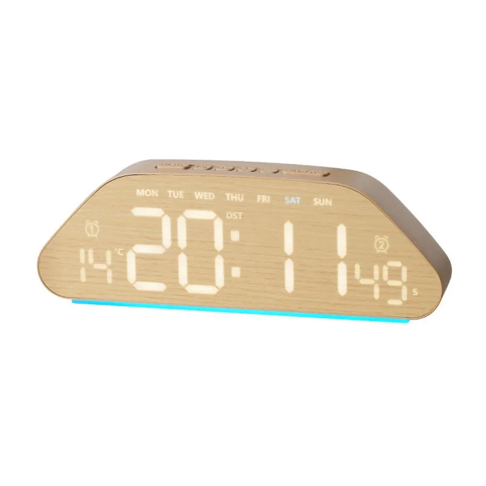 LED Digital Clock with Night Light Dual Face Options Fabric Imitation Wood Imitation Temp Time Day Alarm Brightness