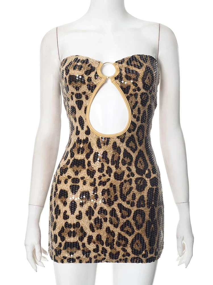 Leosoxs Leopard Print Dress Women Sequins Patchwork Sexy Hollow Strapless Backless Hot Girl Hipster Club Party Mini Bodycon