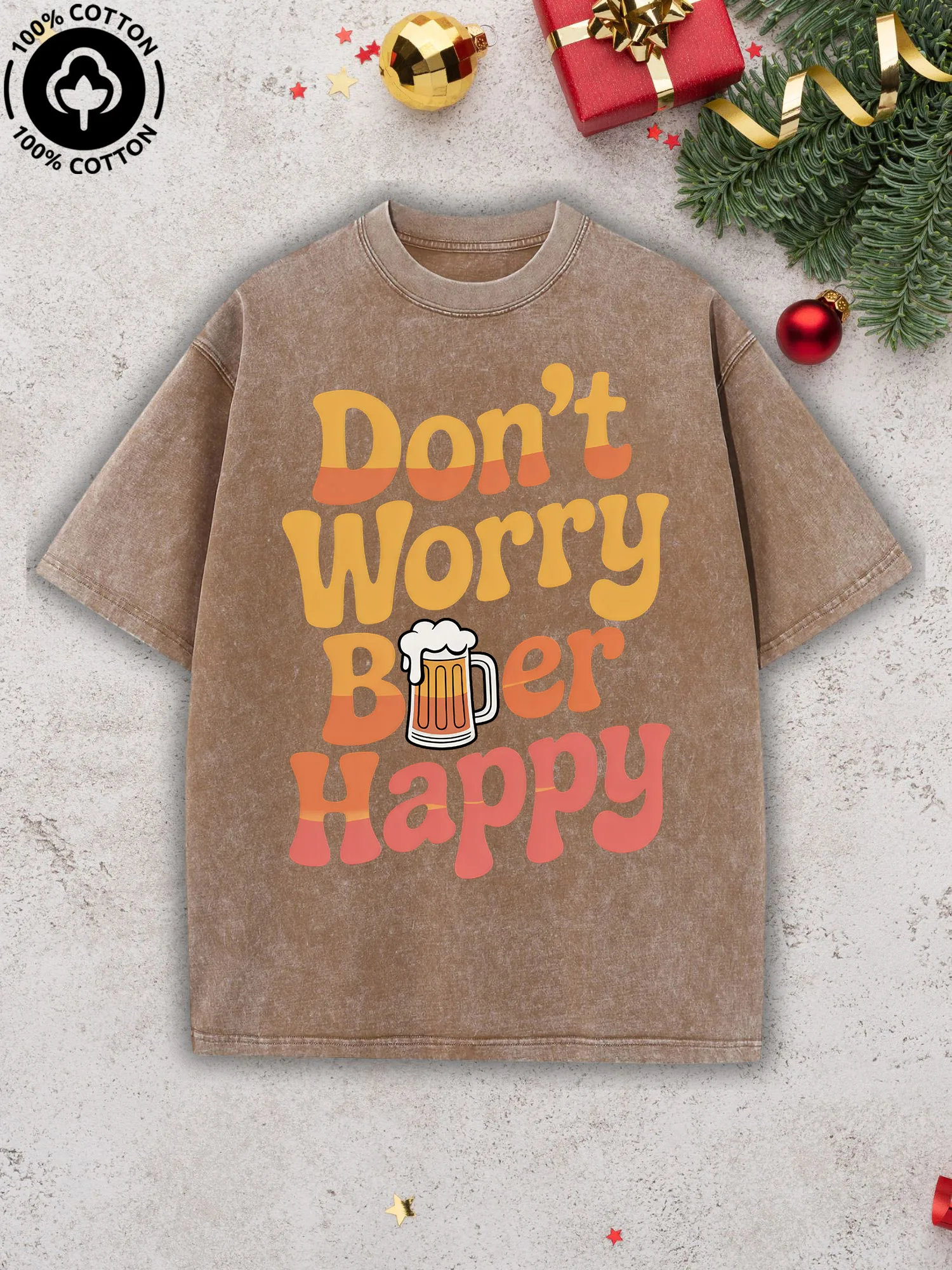 

Don't Worry, Beer Happy Men's Graphic Tee, Pure Cotton Vintage Camel T-Shirt, Retro Street Drop Shoulder Tee