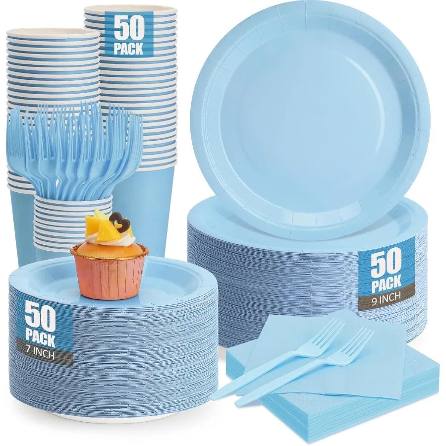 

250Pcs Light Blue Paper Plates and Napkins Set with 9 Party Plates 7 Dessert Plates Cups and Forks for Baby Shower Wedding Birt