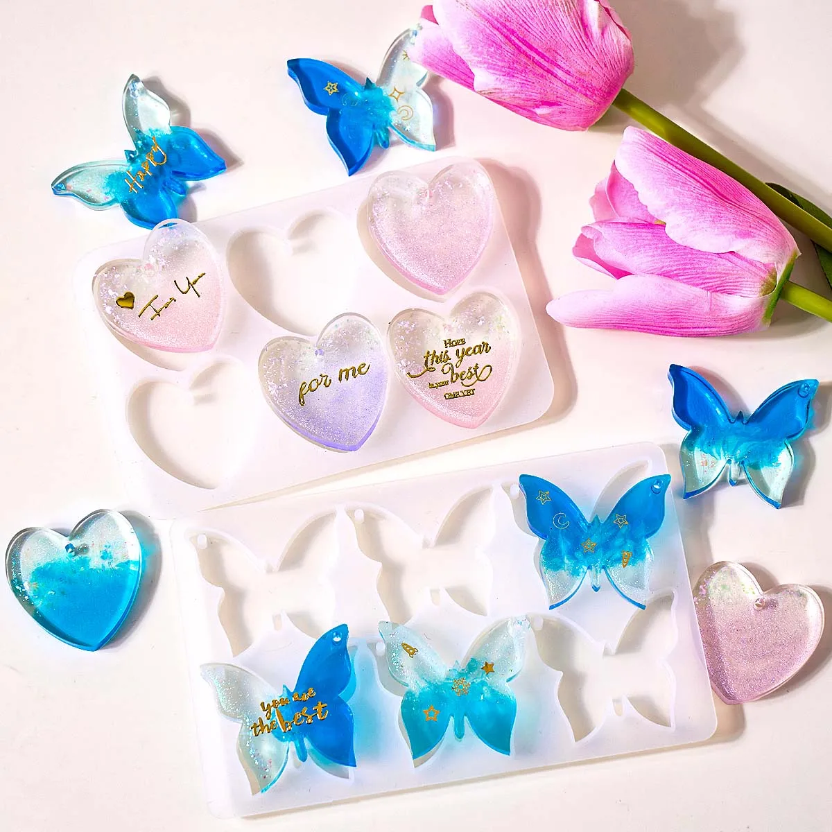 Molde de silicona de seis cavidades con orificios para pendientes, forma de corazón y mariposa, para resina epoxi, colgantes, llaveros y creación de joyas DIY