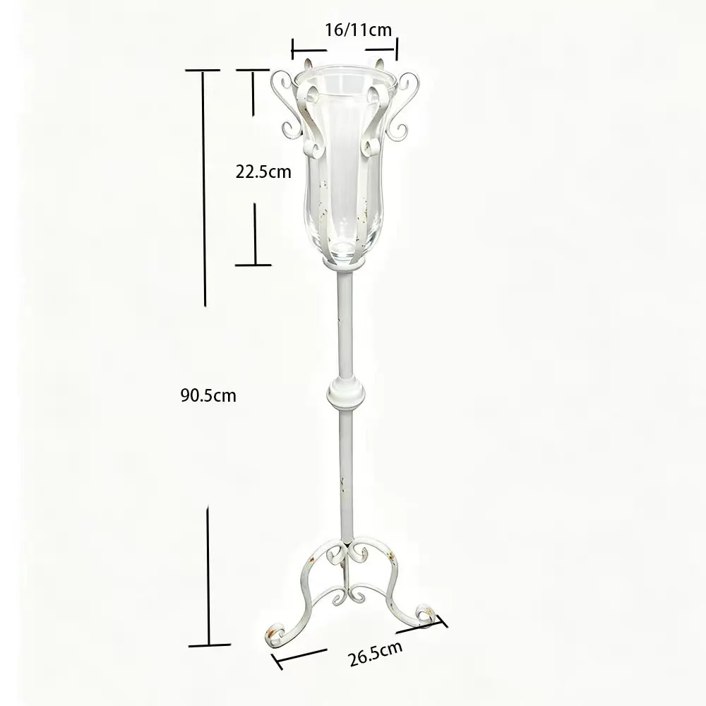 Vintage Iron Floor Lantern Candle Holder, 35.6in Distressed White Freestanding Glass Hurricane Stand for Home Wedding Decor