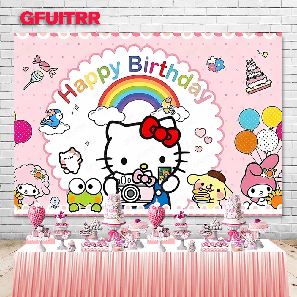 خلفية التصوير الفوتوغرافي Hello Kitty الوردية ، ديكور عربة الكرتون ، مستلزمات كشك الاستوديو ، حفلة عيد الميلاد ، استحمام الطفل ، فتاة