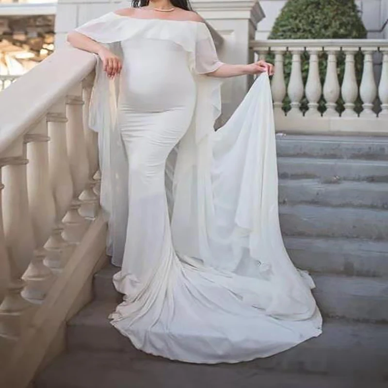 

White Maternity Dresses For Pregnant Women Sexy One Word Collar Cloak Mopping Long Dress Pregnancy Photoshoot Dress