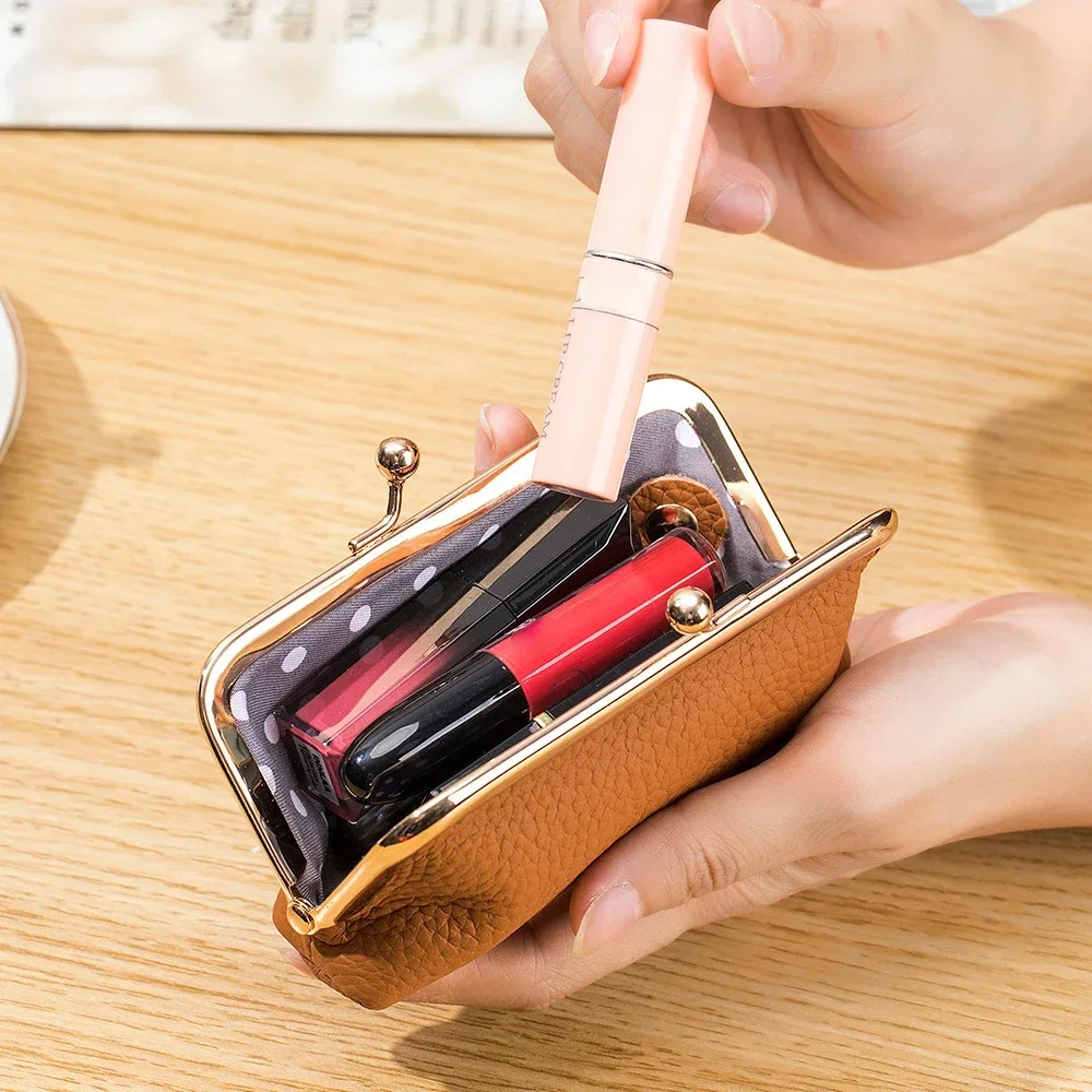 Royal Bagger Lipstick Coin Purse for Women Genuine Cow Leather Mini Key Chain Storage Bag Fashion Small Clip Bags 2231