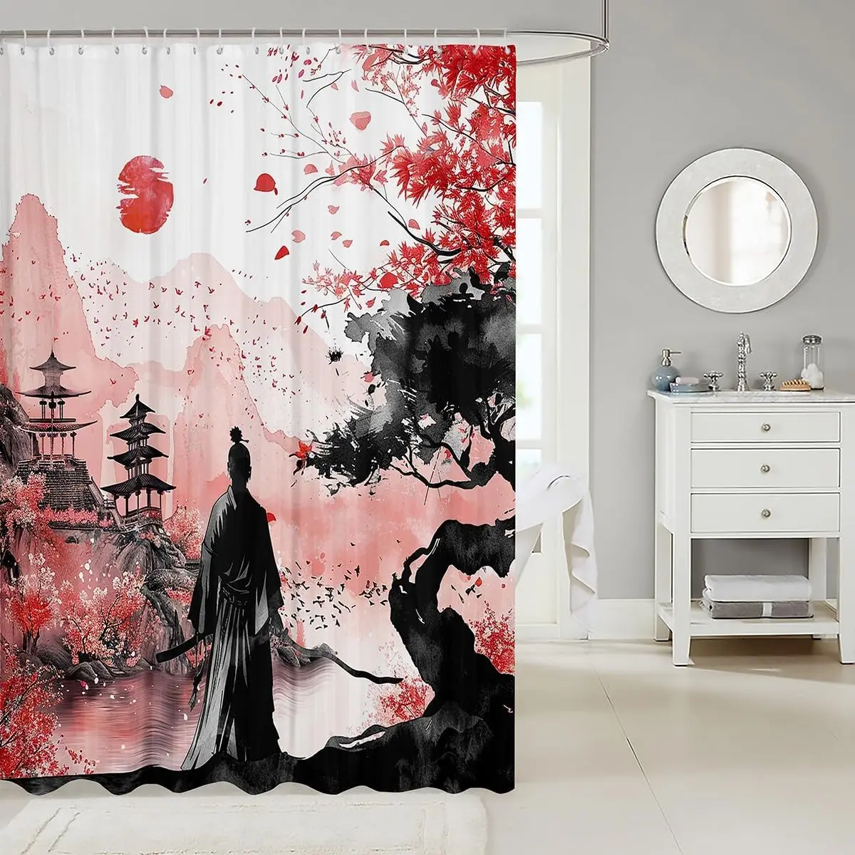 Japanese Samurai Bath Curtain Boys Girls  Landscape Shower Curtain for Kids Women Men Waterproof Sunset Bathroom Shower Curtain