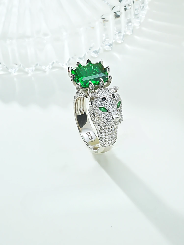 Heavy Industry Artificial Emerald Leopard 925 Sterling Silver Ring Set with High Carbon Diamond Full Diamond Wedding Jewelry