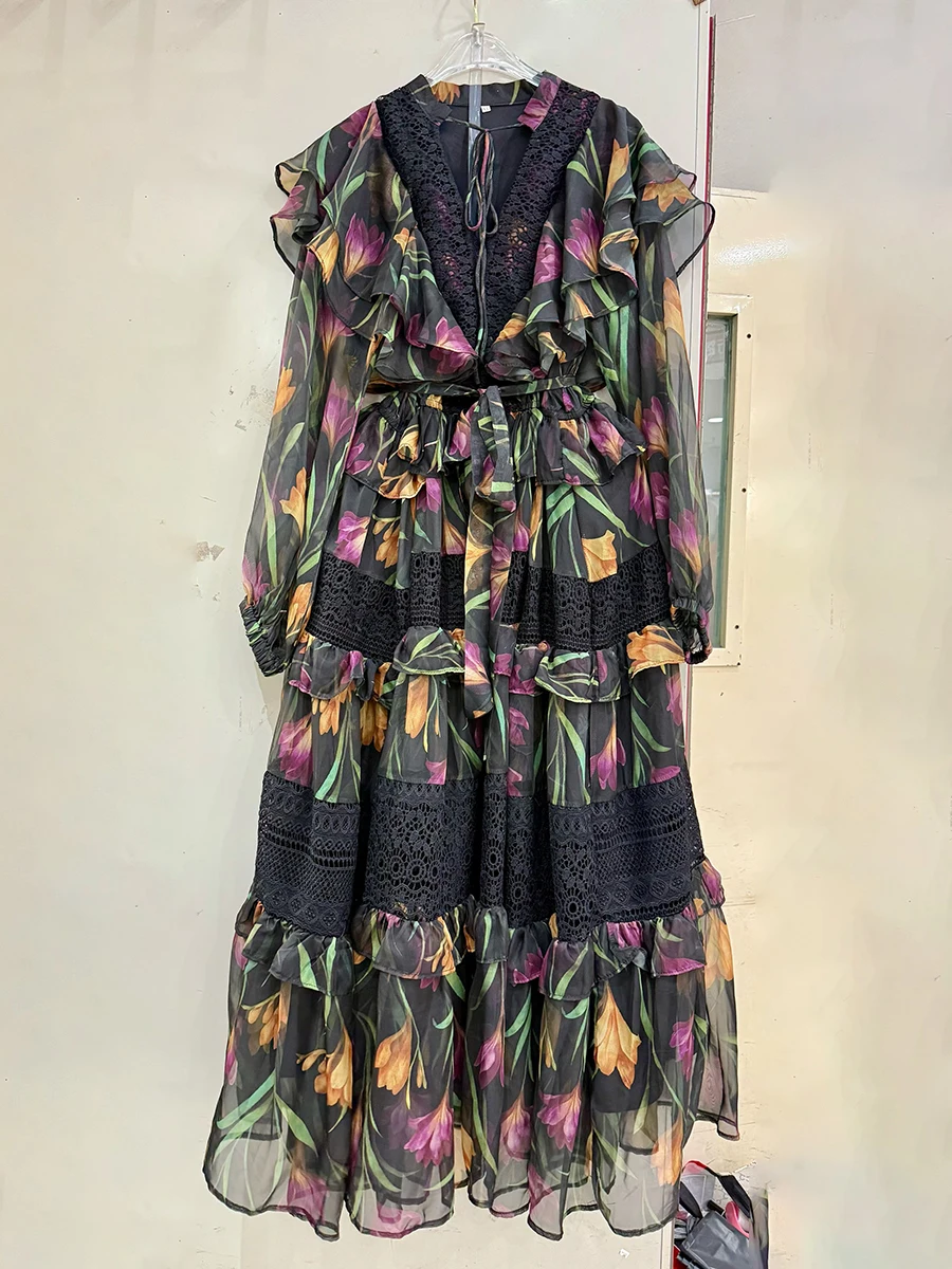 TWOTWINSTYLE Hit Color Printing Spliced Ruffles Casual Dresses for Women V Neck Long Sleves Sheer Patchwork Lace Dress Female