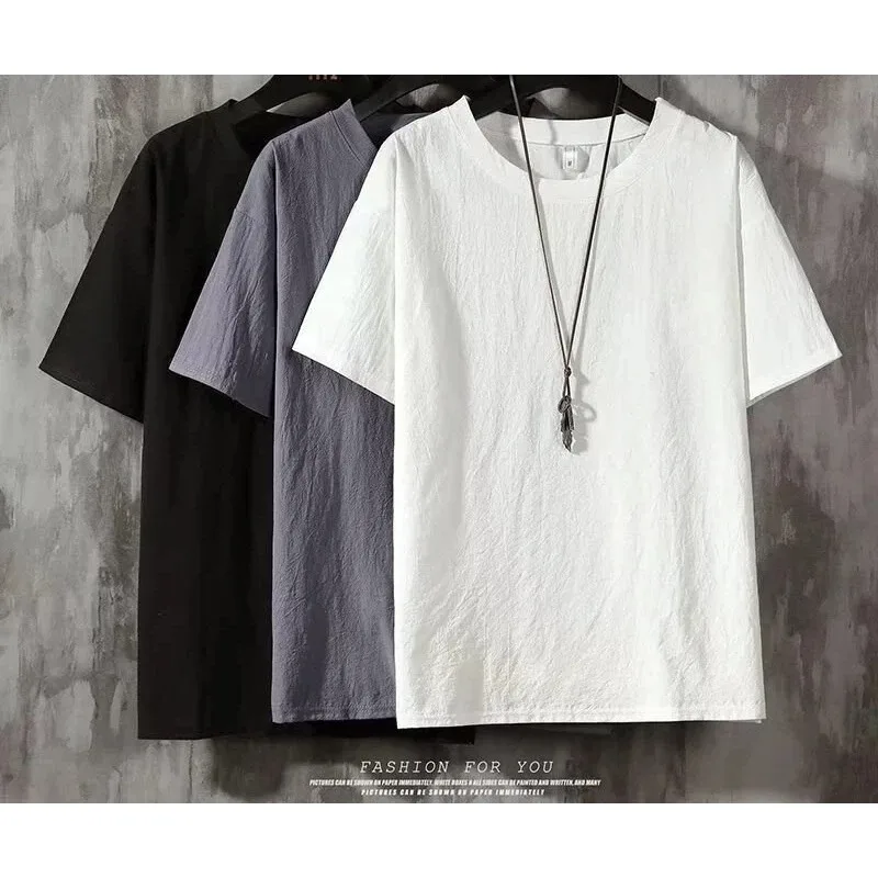 

Summer New Solid Color Cotton Linen Men's T-shirts Short Sleeve Tee Plus Size Korean Style Loose Undershirt Breathable Casual