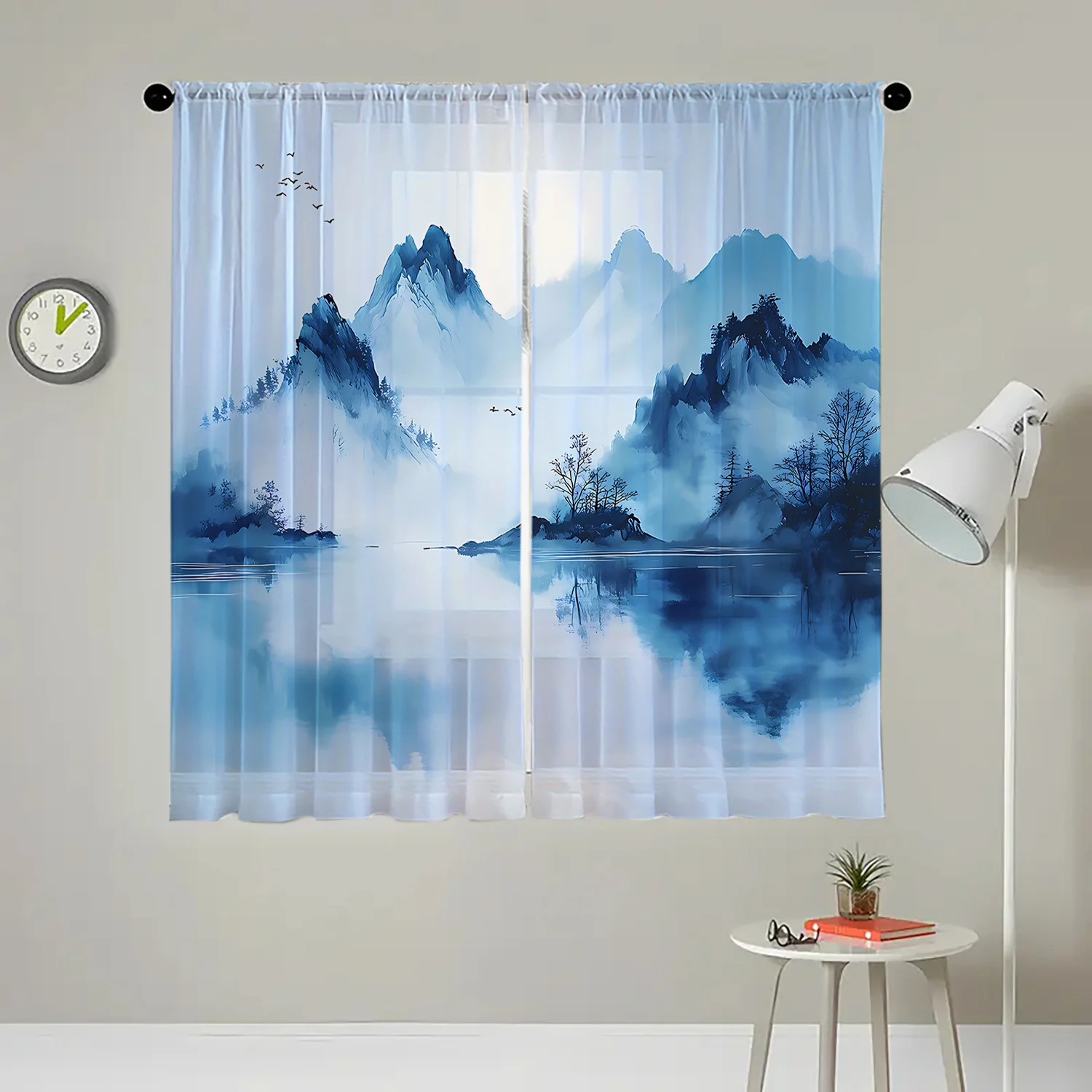 2 pieces HD digital Ink Mountain Range printed window screen home decor style decoration living room bedroom rod
