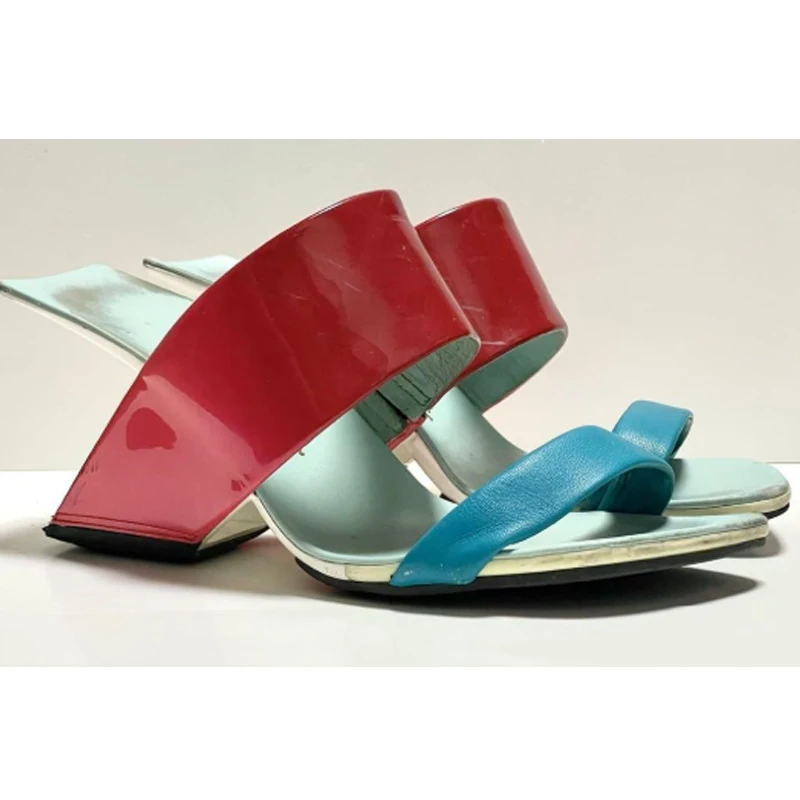 

Мюли-сандалии с асимметричным каблуком и открытым носком, с цветными блоками, на квадратном каблуке, без застежки, модные туфли на высоком каблуке для вечеринок