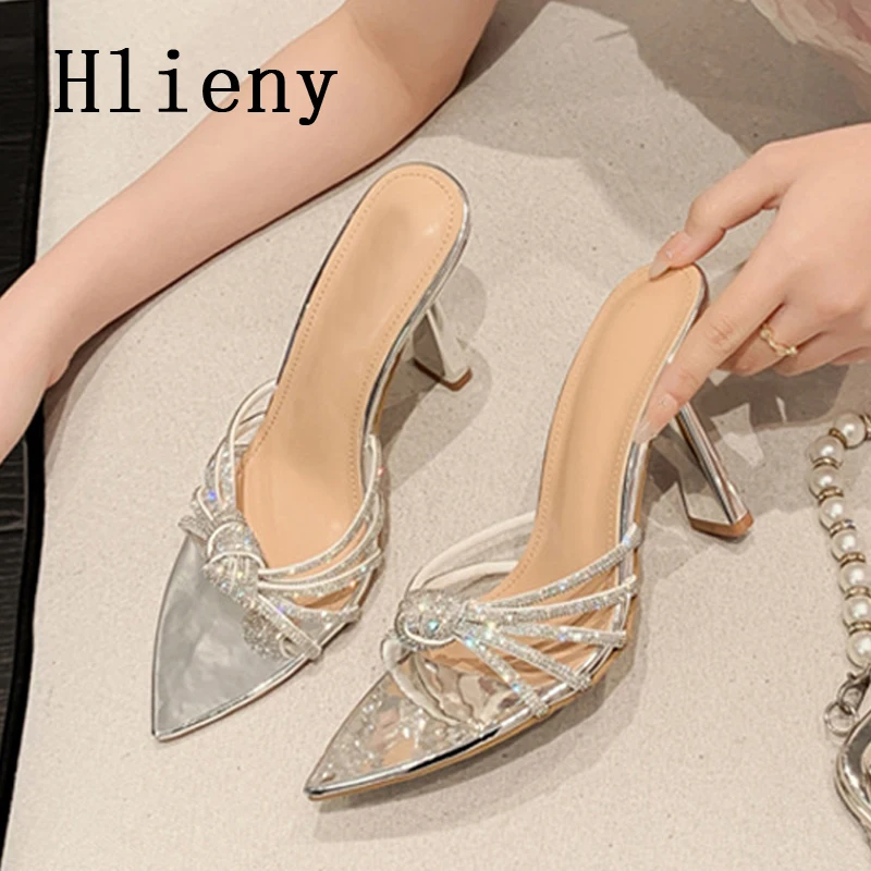 

Новинка летние женские тапочки Hlieny с острым носком на высоком каблуке со стразами Модные женские сандалии для выпускного вечера
