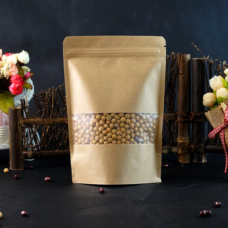 Kraft Paper Bag with Frosted Window Stand Up Pouches Tea packaging Pouches Zipper Self Sealing Bags