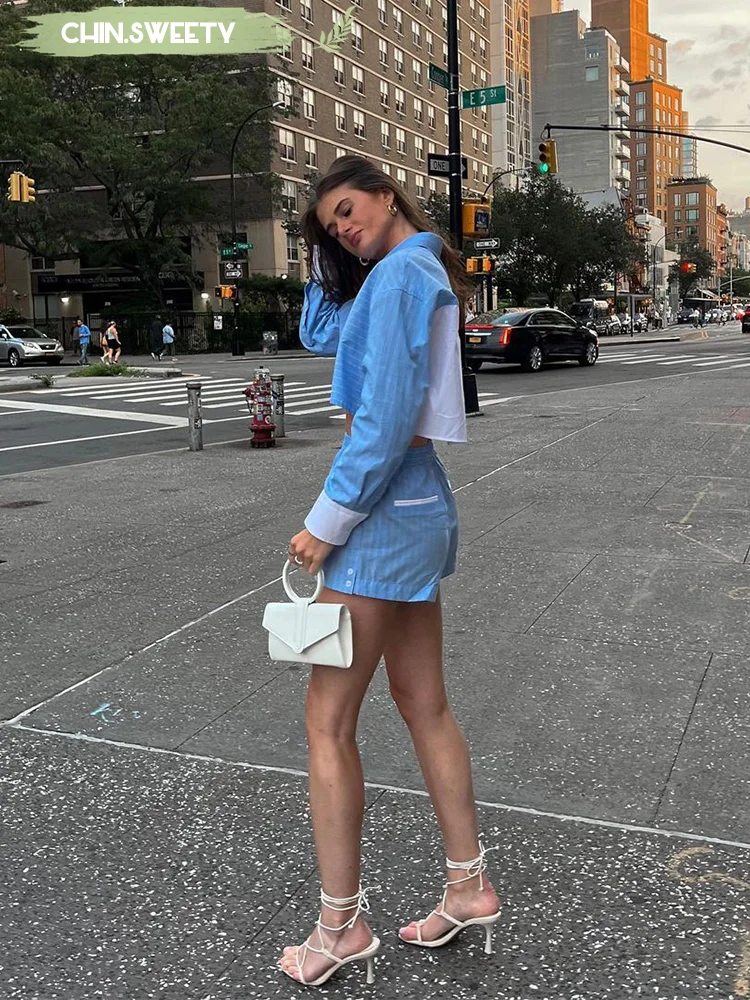 

Stripe Contrasting Shirt Shorts Set Women Casual Long Sleeved Lapel Exposed Waist Two-piece Suit 2025 New Summer Holiday Outfit