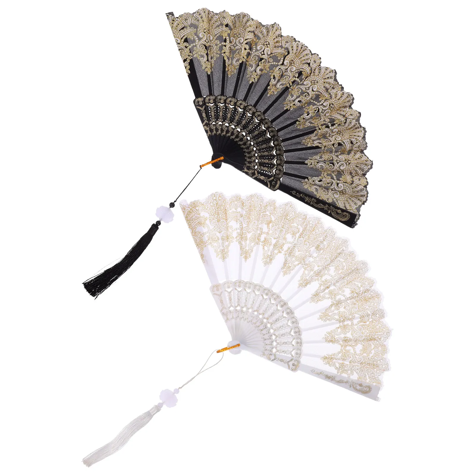2pcs Hot Stamping Tassel Fans Embroidered Flower Foldable Handheld Portable Decorative Dancing Photography Props Wedding Party