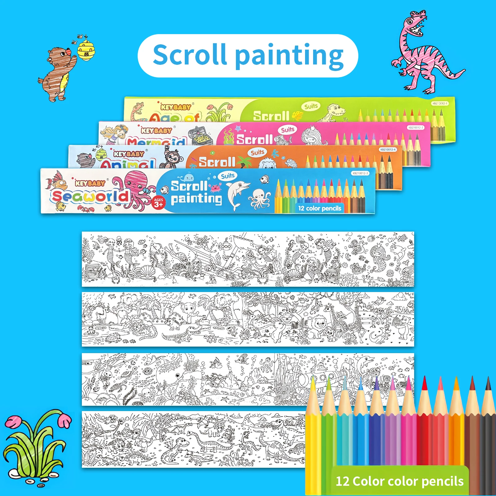 Extra Large 2*0.3m Children's Drawing Scroll, 12 Color Pencils, Wall-Mountable, 4-8 Years, Early Learning, Painting Gift