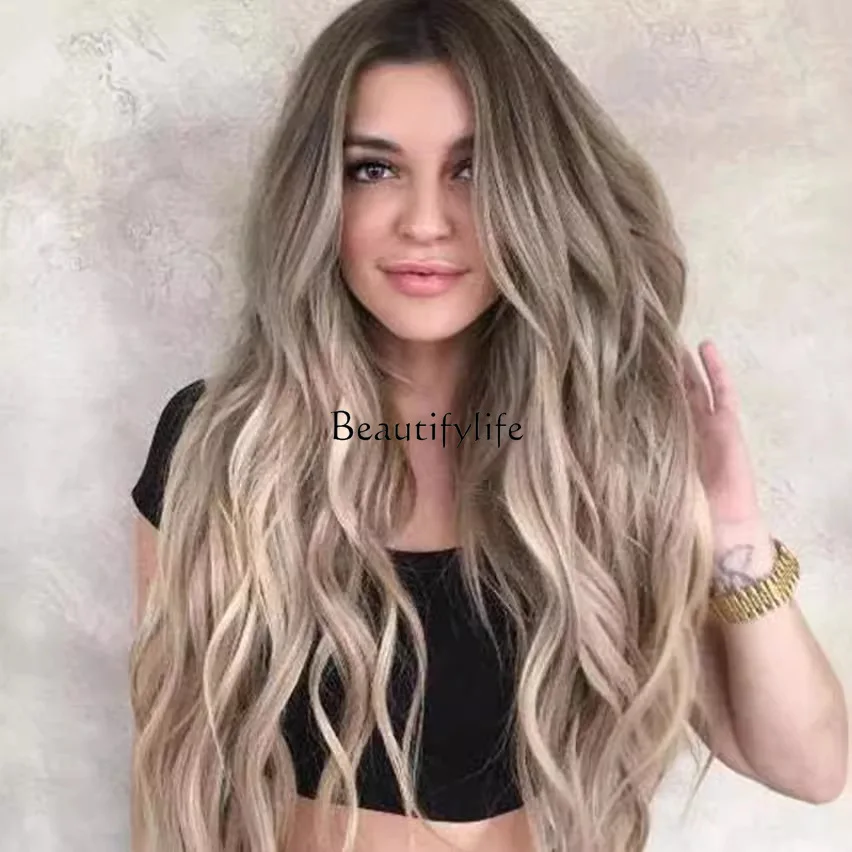 

Medium long curly hair big wave highlights gradual change female synthetic chemical fiber full head cover rose mesh wig