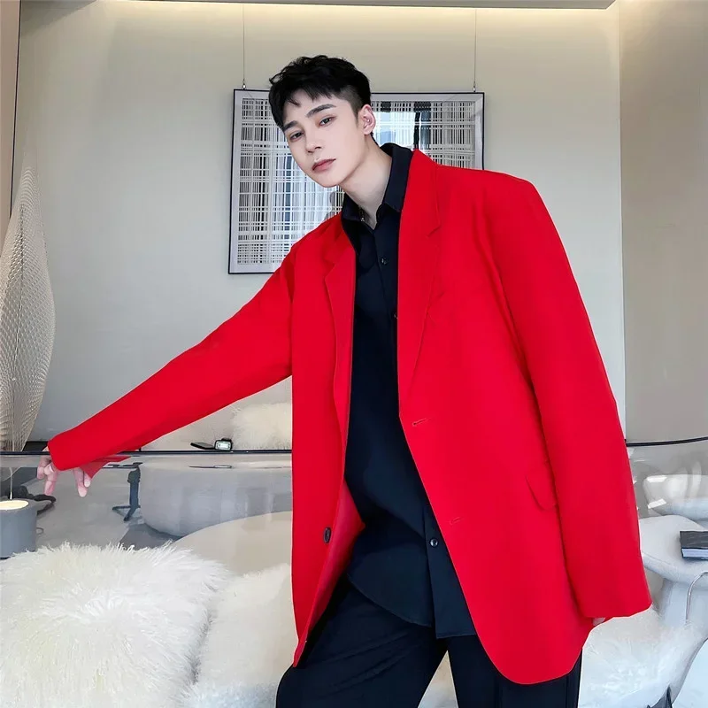 Red Blazer 2024 Suit Coat Fashion Korean Style Solid Color Single Breasted Trendy Turn-down Collar  Niche New WA630