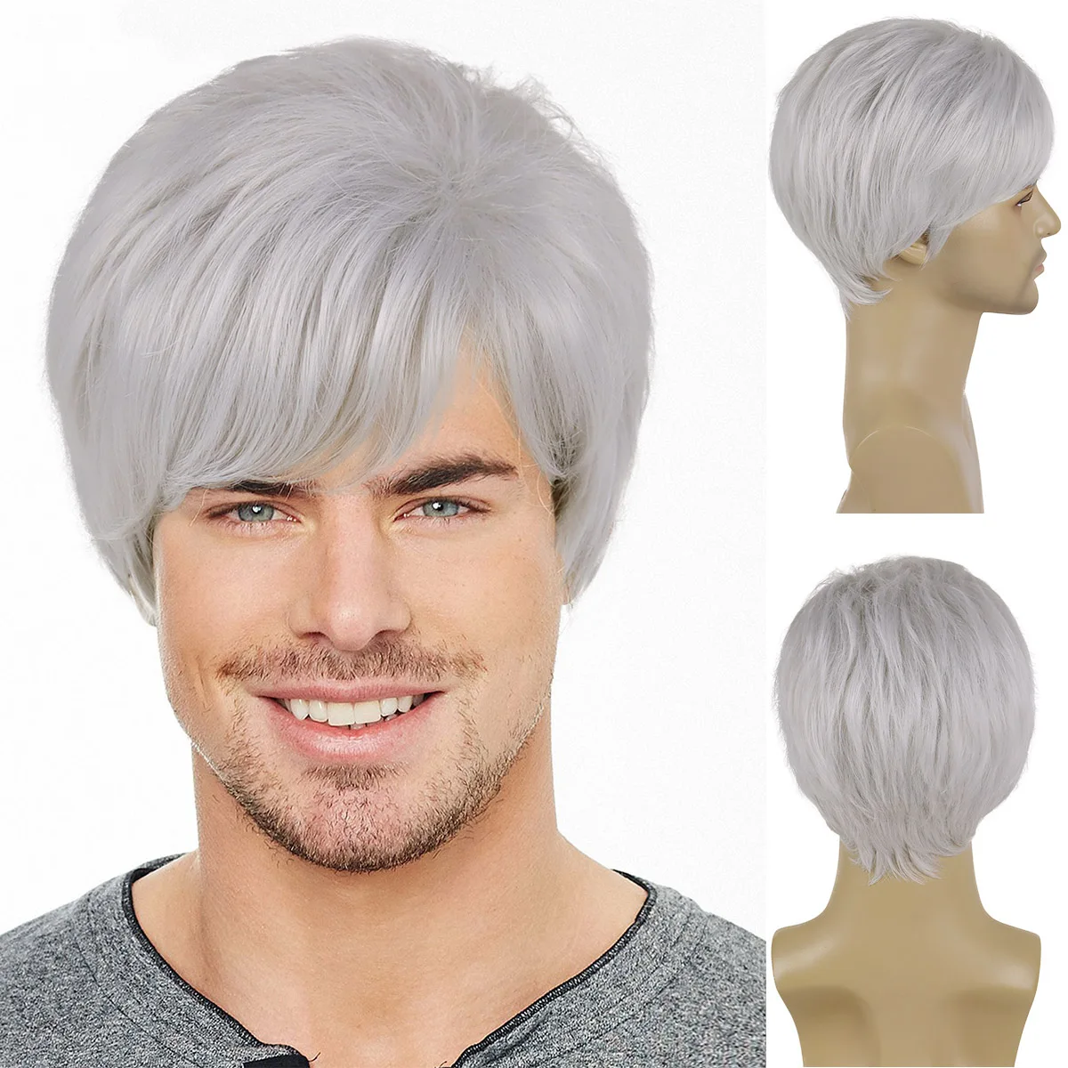 GNIMEGIL Synthetic Short Straight Hair Wig with Bangs Grey White Wig for Men Older Male Father Halloween Costume Cosplay Wig