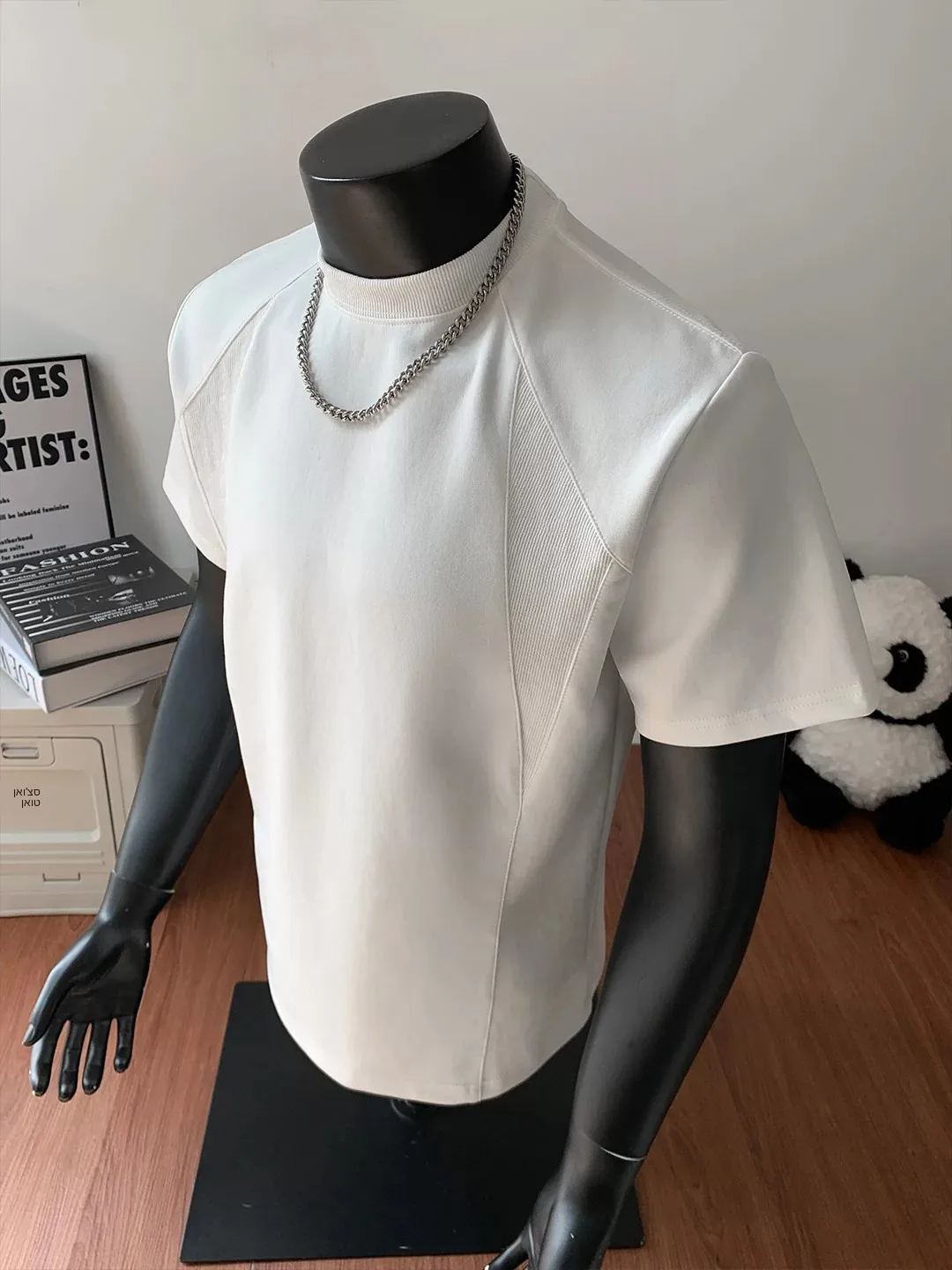 Gray Splice Shoulder Micro Padded Short Sleeve Men's Summer Small Thread T-Shirt CleanFit American Style Half Sleeve round Neck