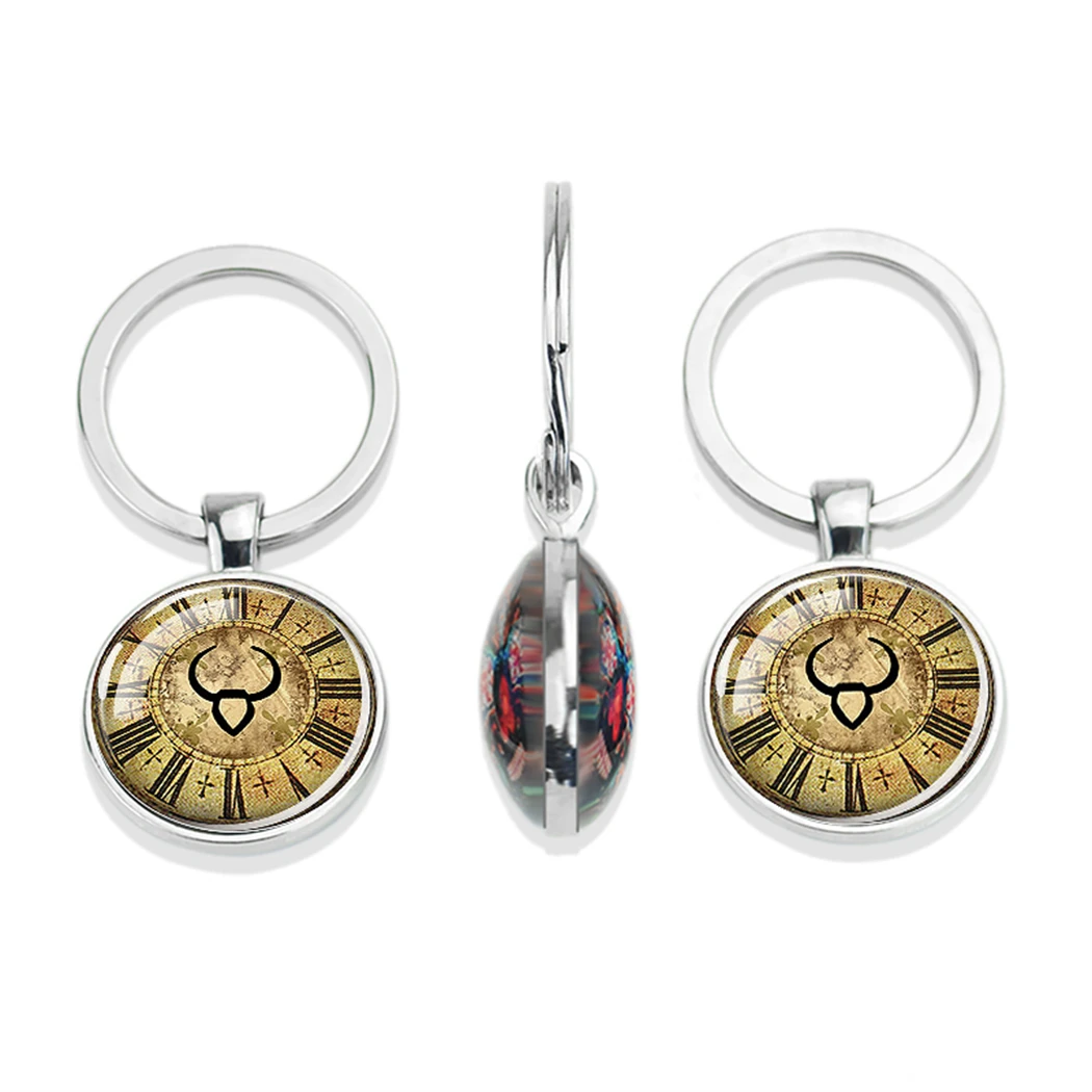 Pendentif en Verre Double Face avec Signe du Zodiaque, Clé de Style Punk, Motif Constellation JO12, Âge de la Vapeur, Cadeau d'Anniversaire Rétro