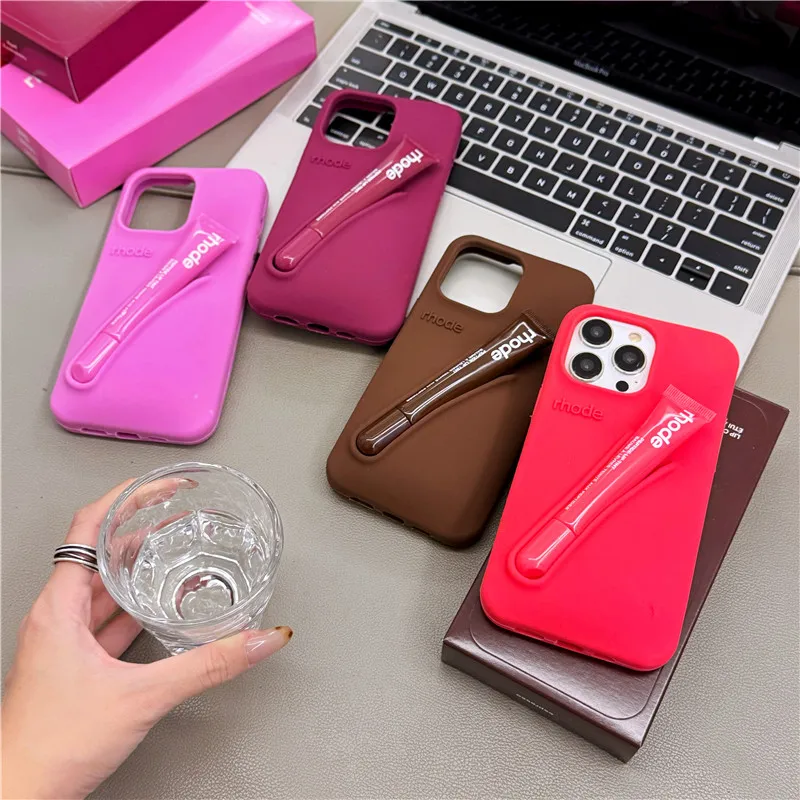 Lipstick Portable Rhode Lip Gloss Holder For iPhone 16 15 14 13 12 11 Pro Max Plus  Soft Silicone Nourishing Makeup Holder Cover