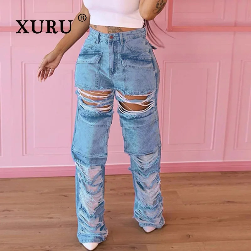 

XURU-Split Hole Jeans for Women, Straight High Waist, Long Jeans with Pocket, Hollow Hole, Street, New, European and American, K