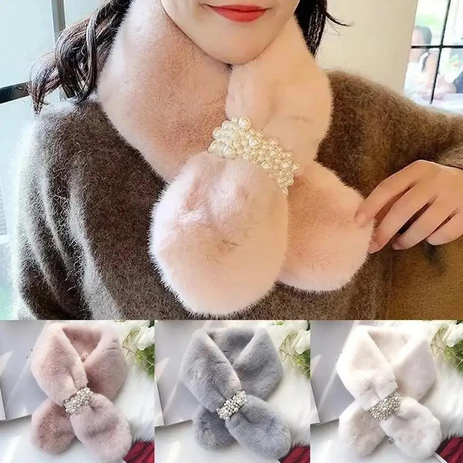 2026 New Pearl Decor Faux Plush Fur Scarf For Women Winter Thick Warm Cross Stereo Design Apparel Accessory Supplies
