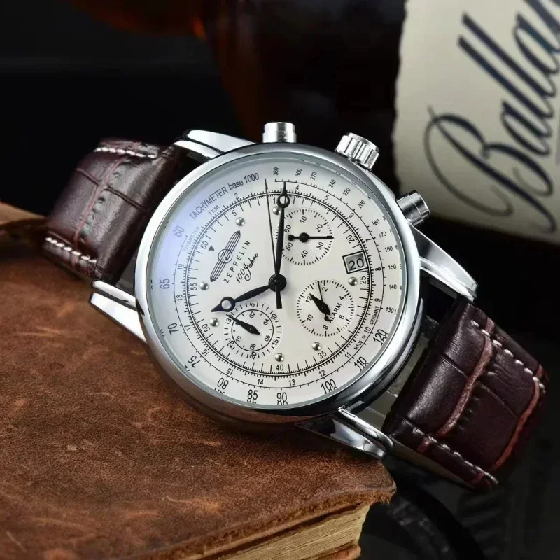 Reloj de pulsera de cuarzo Zeppelin clásico de moda con cronógrafo multifuncional de tres ojos para hombre informal de negocios
