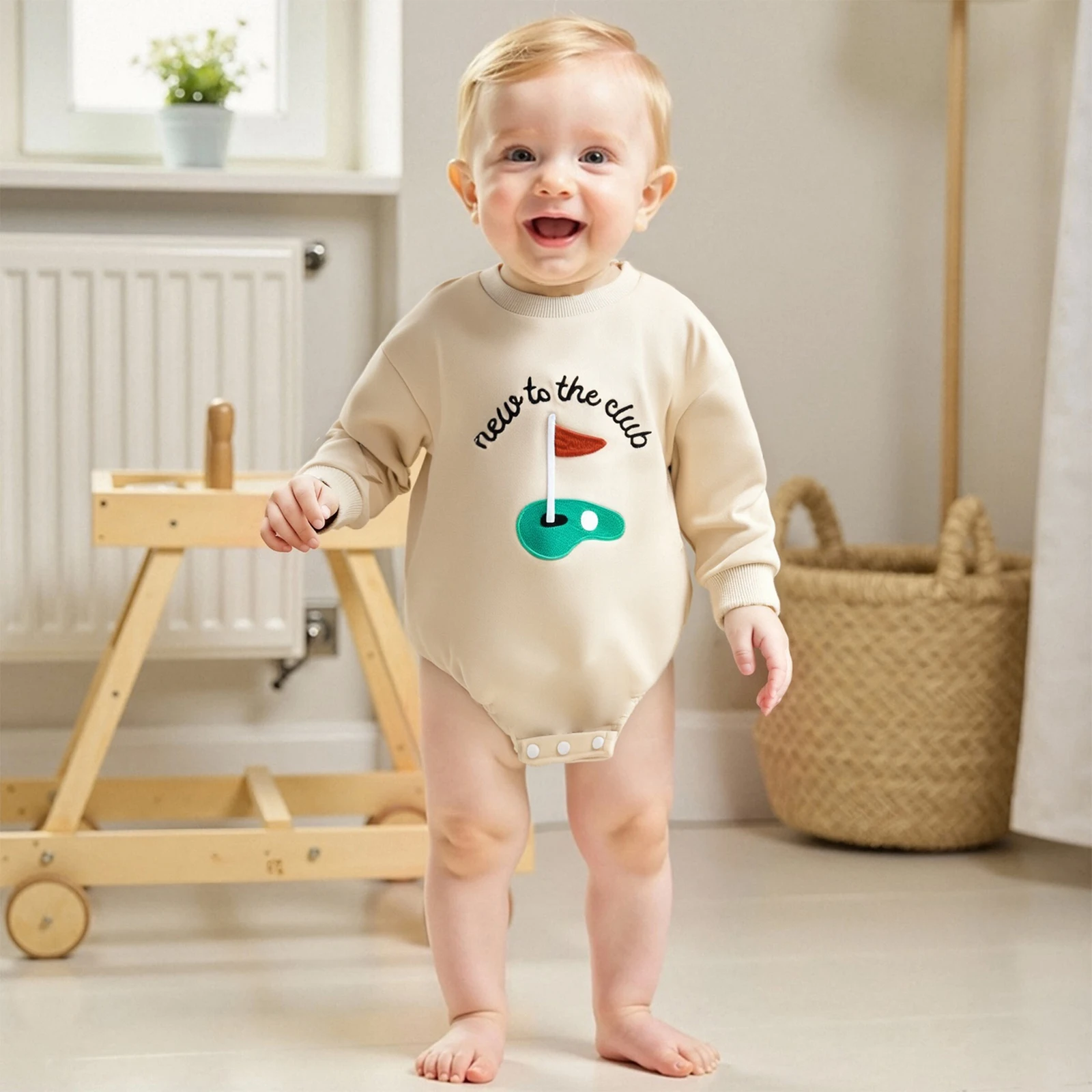بدلة قفز غير رسمية للأطفال حديثي الولادة لخريف 2026 بأكمام طويلة ورقبة مستديرة ومطرزة لمحكمة الجولف