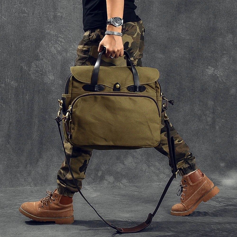 Business vintage high quality canvas genuine leather men\'s briefcase outdoor travel work handbag 15 inch computer messenger bag