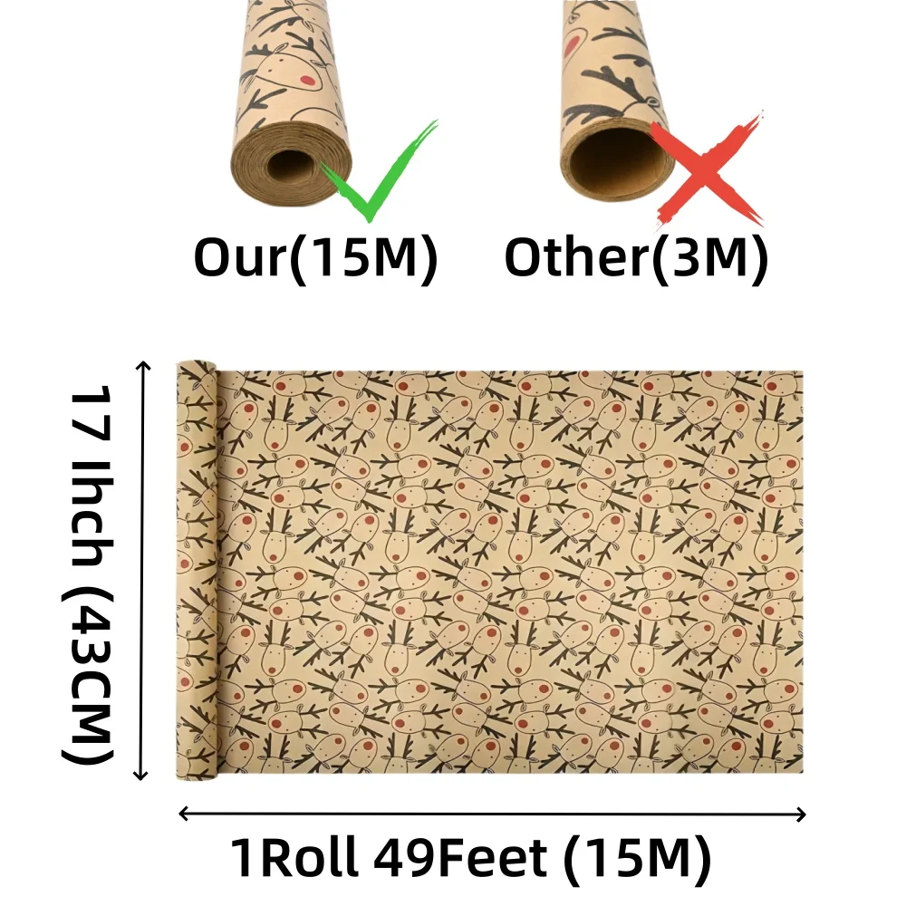 1 Roll Christmas Wrapping Paper 17 Inch × 590inch,Kraft Xmas Wrapping Paper Roll for Christmas Gift Box Birthday Party Deco
