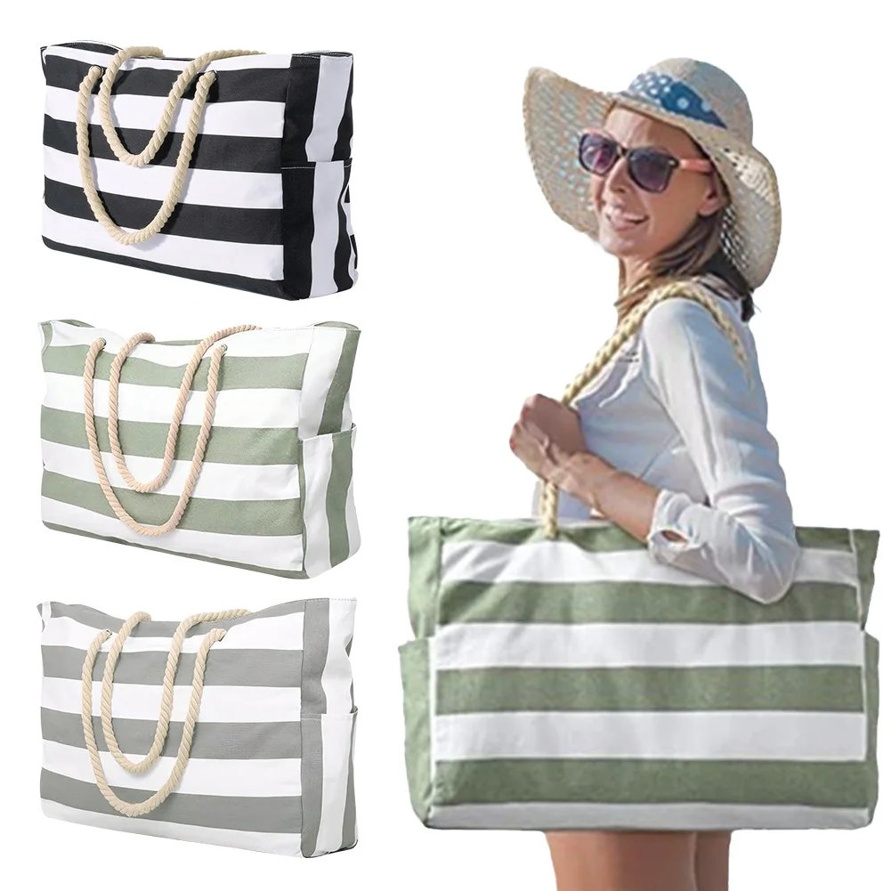 

Large Capacity Stripe Tote Bag Large Waterproof Beach Tote Bag Waterproof Shoulder Bags Sandproof Swim Pool Bag with Zipper