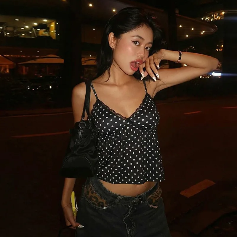 

Европейский и американский сексуальный топ на бретельках, новинка весны 2026, модный ультракороткий топ в горошек из тонкого черного кружева