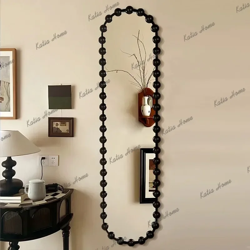 Black French Vintage Full Length Wall Mirror Beaded Frame Wall Mounted Dressing Mirror Decorative Accent Mirror Entryway Bedroom