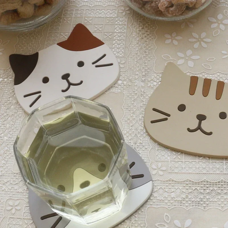 Neue süße Katzen-Tassenuntersetzer, wiederverwendbare Getränkeuntersetzer aus Silikon, rutschfest, waschbar, hitzebeständig, Glasbecher, Gummipolster, Matte, Neuheit