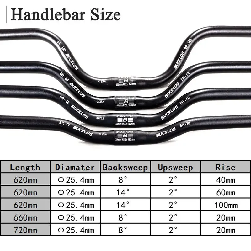 BUCKLOS 25.4mm Handlebar 620mm 660mm 720mm Mtb Handlebar 20mm 40mm 60mm 100mm Riser Bar for Mountain Bike Aluminum Bicycle Parts