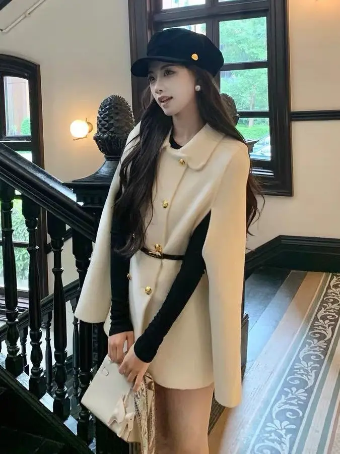 Wool Blend Coats Womens Woolen Coat Orange Winter Cashmere Notched Collar Sashes Elegant Mature French Style Office Lady Commute