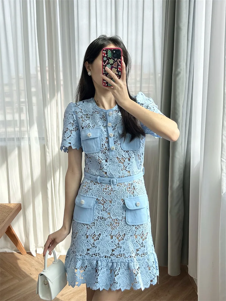 New 2024 Summer Women Rose Embroidery Short Dress Hollow Out O-Neck A-Line Elegant Lady Sweet Chic Stunning Fashion High Quality