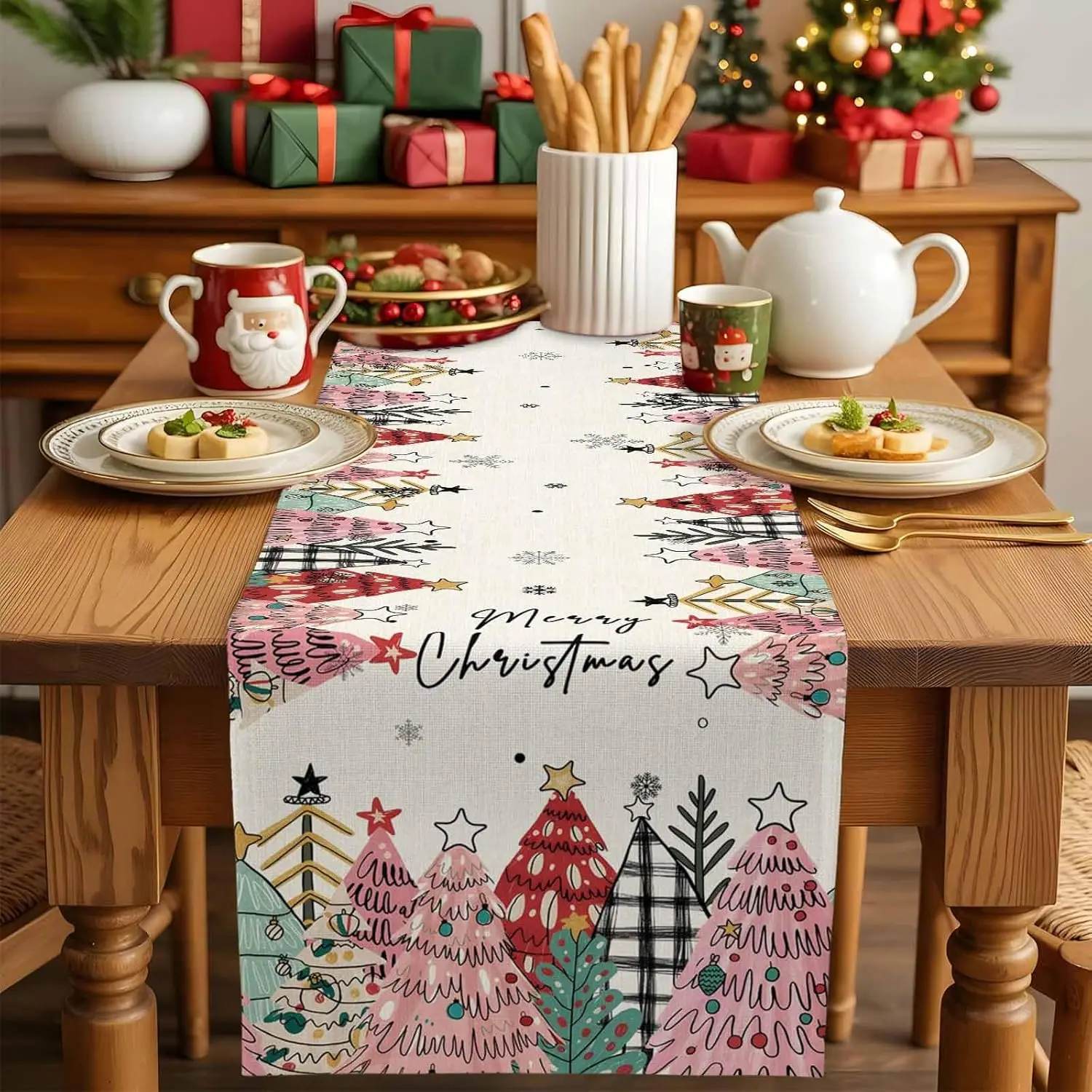 Christmas Snowflakes Pink Pine Tree Table Runner Party Decor Winter Holiday Kitchen Dining Table Runner Christmas Decorations