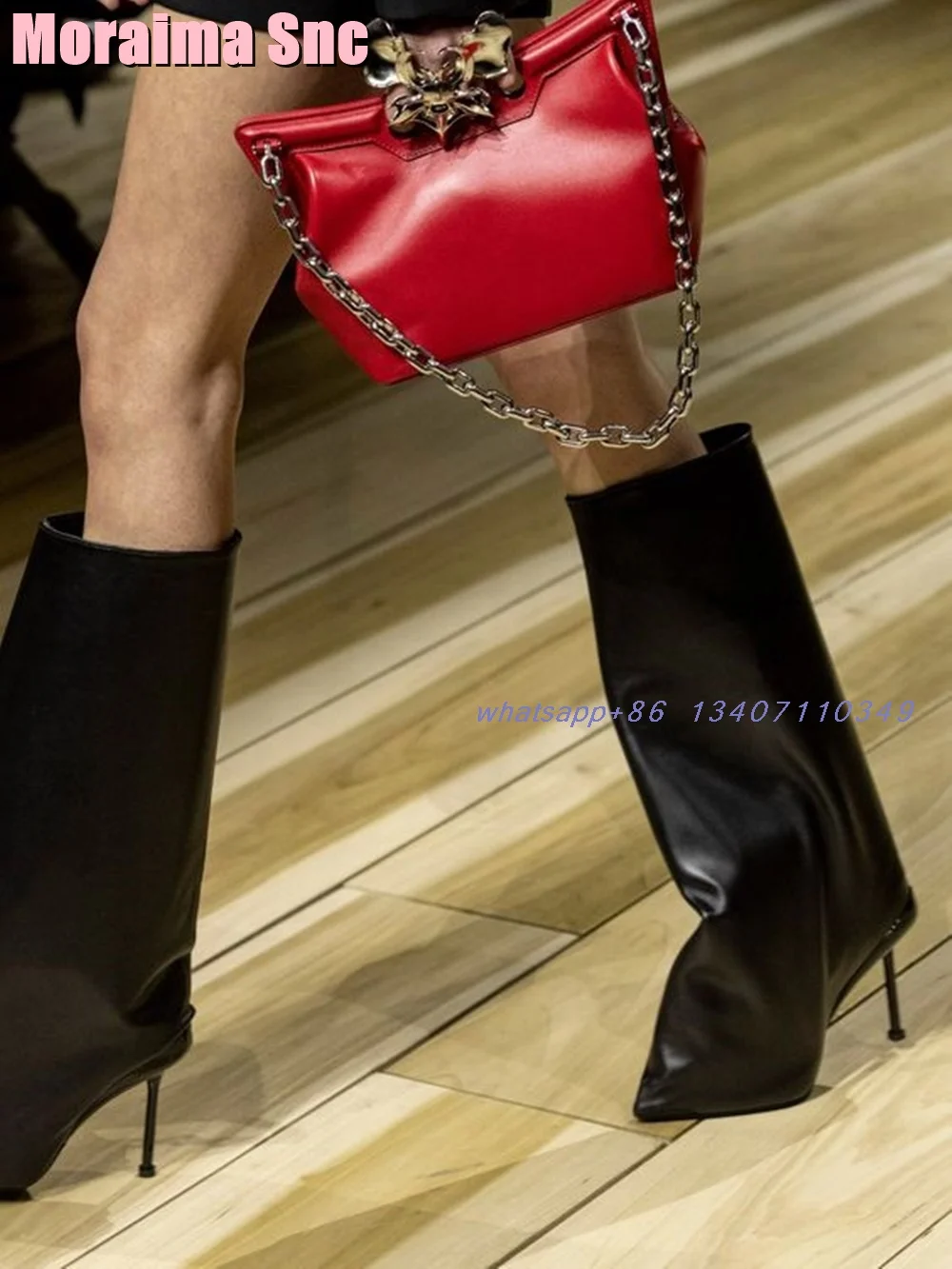 

Fashion Wide Calf Knee High Boots Pointed Toe Stiletto High Heel Slip On Black Solid Runway Women's Long Boots Autumn Winter New