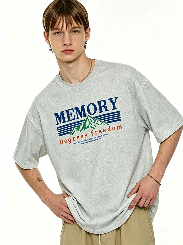 American Retro Snow Mountain Print Heavyweight Pure Cotton Short Sleeve Unisex Oversize Loose Couple Summer Trendy Half Sleev...