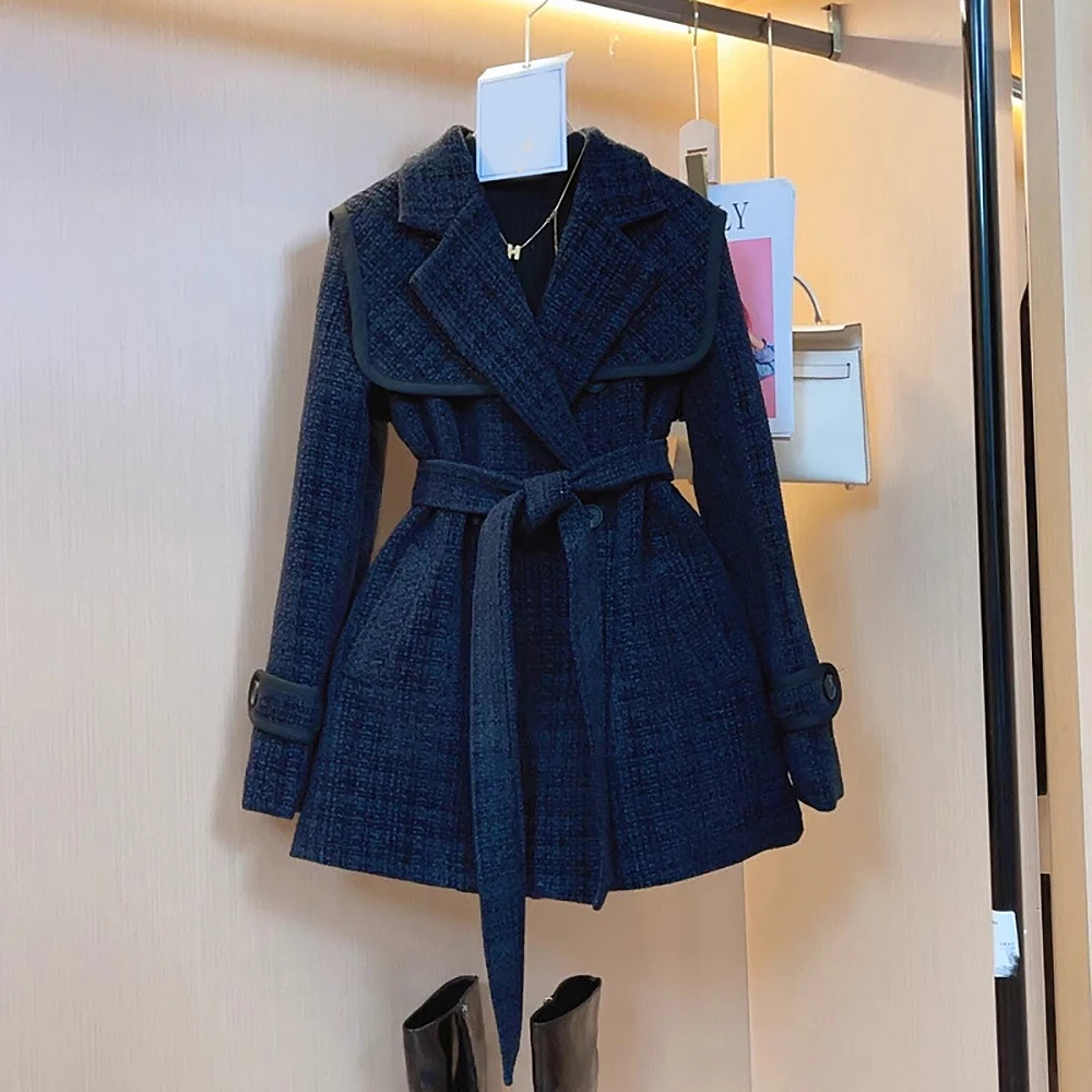 

Элегантное утепленное шерстяное пальто с темно-синим воротником, осень-зима, новый стиль, утягивающая универсальная женская модная верхняя одежда в западном стиле