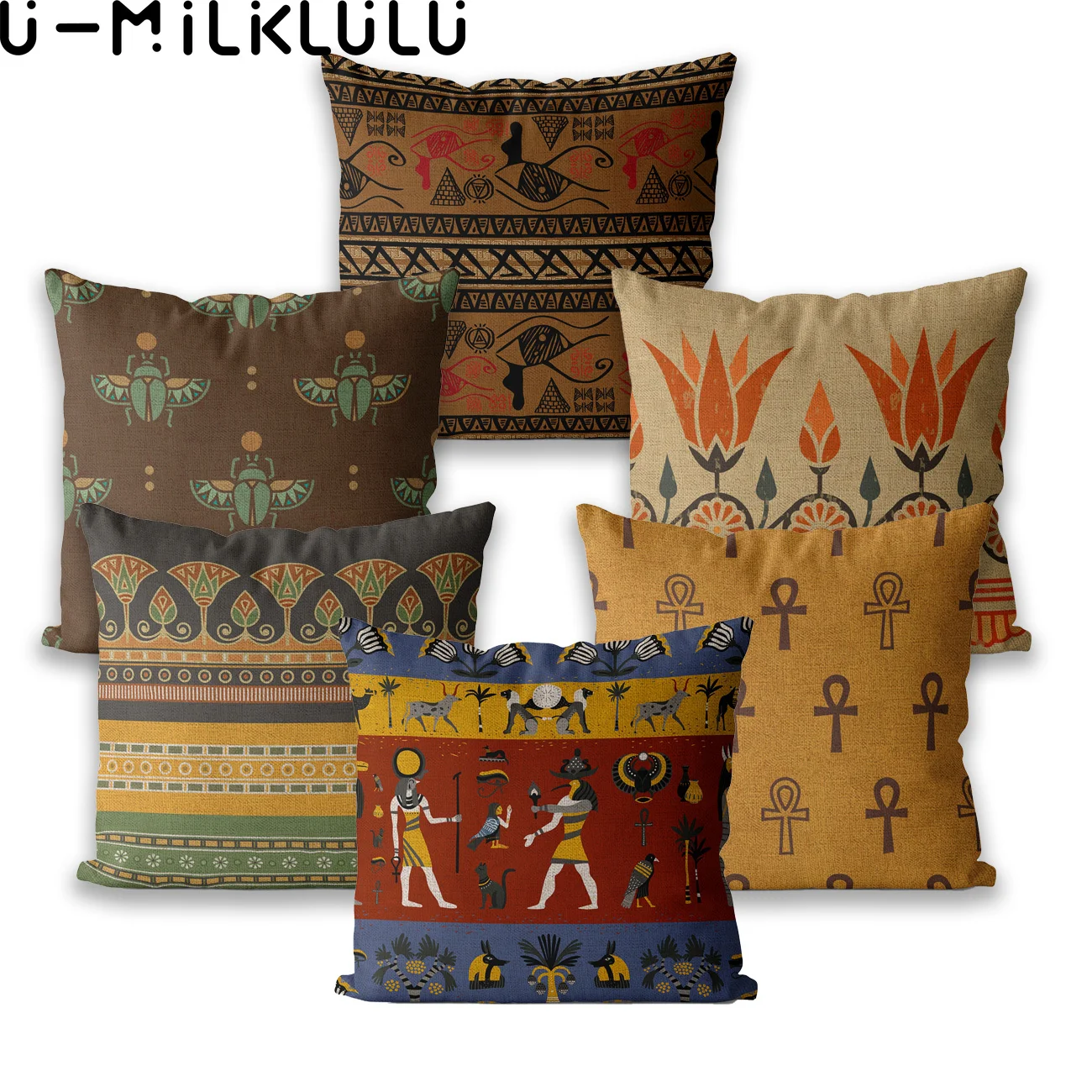 Linen Pillow Case for Living Room, Bohemia Ancient Egypt Totem, Pharaoh Print, Sofa Outdoor Cushion Cover, 45x45, 40X40