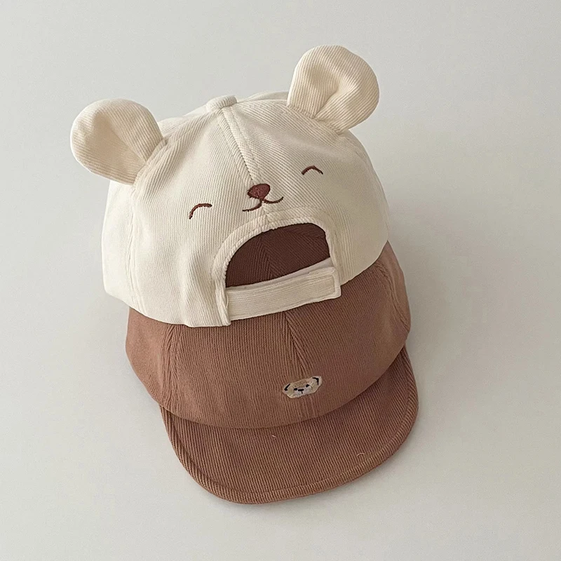 Cartoon Bear Baby Baseball Hat with Ears Cute Solid Color Infant Peaked Cap Kawaii Spring Summer Kids Cotton Sun Hats