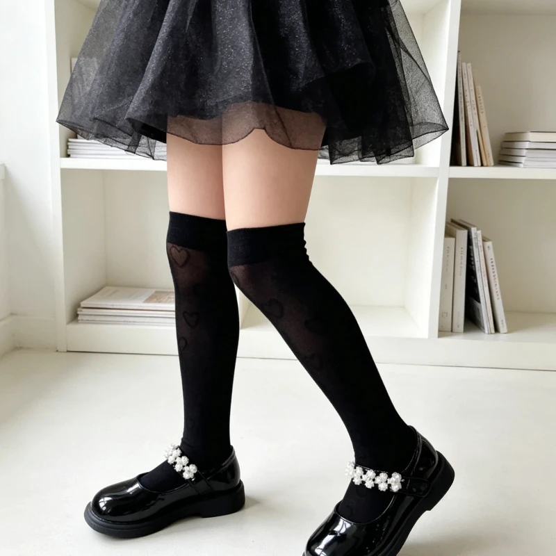 Princess Hollow Heart Long Knee High Socks Sweet Students Ultra Thin Transparent Mesh Breathable Stretchy Daily Casual Stockings