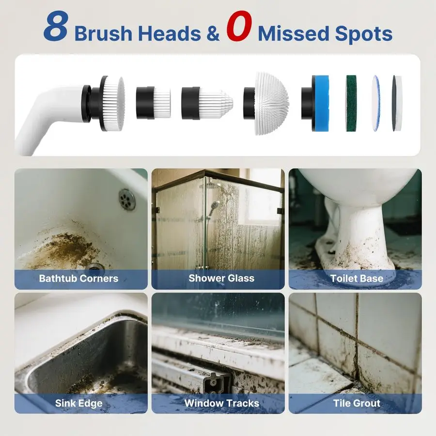 in 1 Lavapavimenti elettrico a rotazione per pulire il bagno, pulitore a batteria con potenza 3000mAh con manico lungo, vasca da bagno a 3 velocità Ho