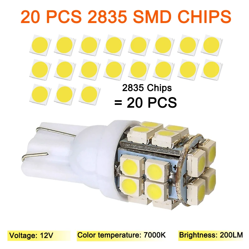 Car T10 LED Bulb 12V White 6500K 20 SMD 5W5 W5W LED T10 Signal Light Auto Interior Reading License Plate Wedge Side Lamps